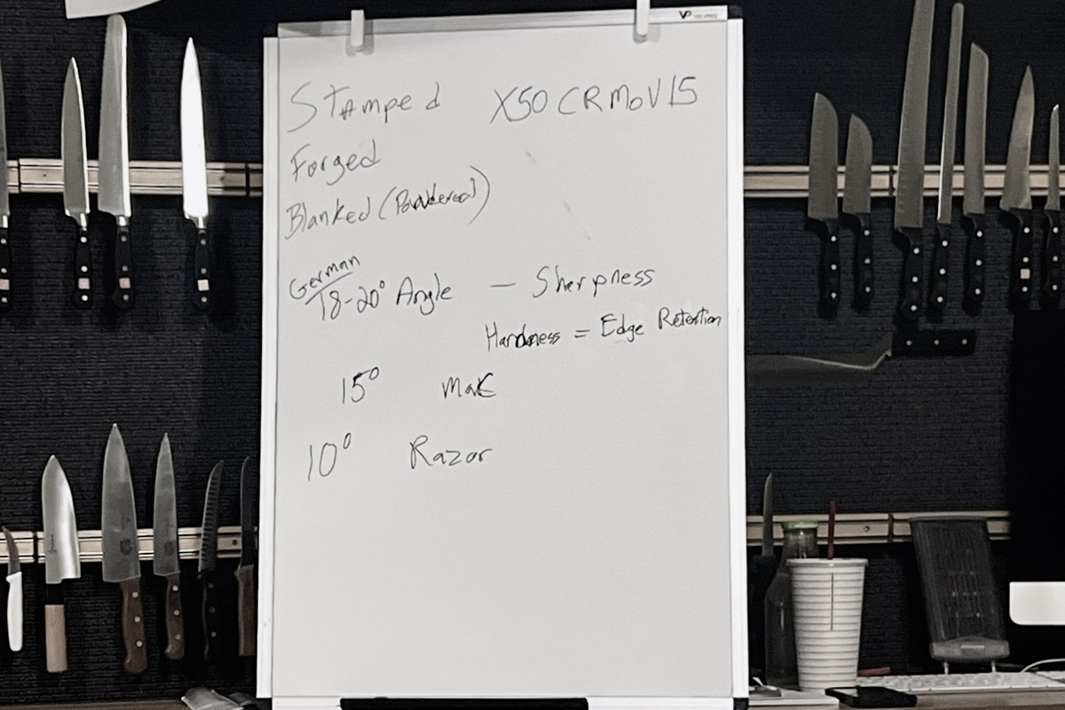 Whiteboard at Sonoma Cutlery showing knife steel types and sharpening angles